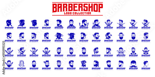 Modern barber shop logo collection featuring stylish bearded man, scissors, comb, and grooming tools in vintage blue and red design