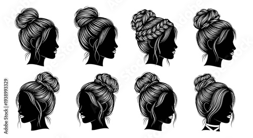 Hair Salon Beauty: Black  White Line Art Silhouettes of Women's Bun  Braid Hairstyles