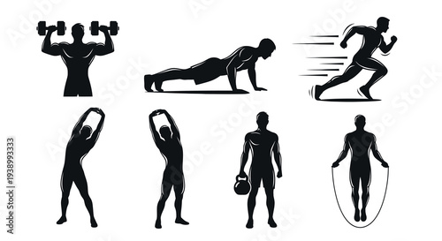 Fitness Exercise Silhouettes Vector Icons Set - Workout, Sport, Gym  Training Glyphs