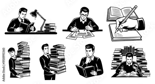 Education and Learning Black and White Line Art Vector Illustration Set: Studying, Books