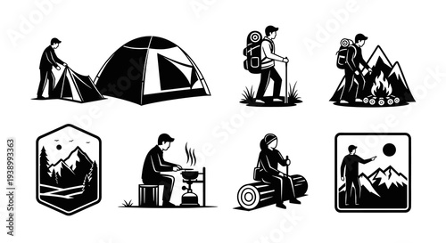 Outdoor Adventure Camping and Hiking Black  White Glyph Icon Set