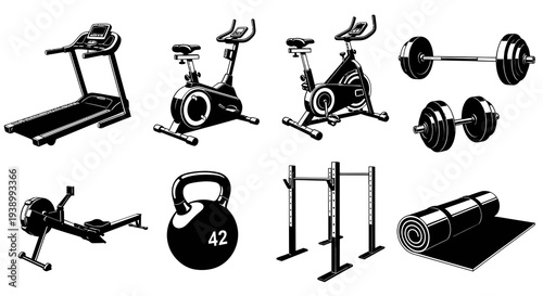 Black  White Gym Equipment Vector Icons: Treadmill, Bikes, Weights, Mat  Rower