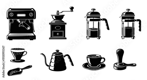 Food  Drink Coffee Icons - Black  White Glyph Barista Tools  Equipment Set