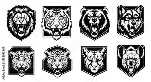 Monochrome Wild Animal Head Mascots Vector Set - Roaring Lion, Tiger, Bear, Wolf  Big Cats