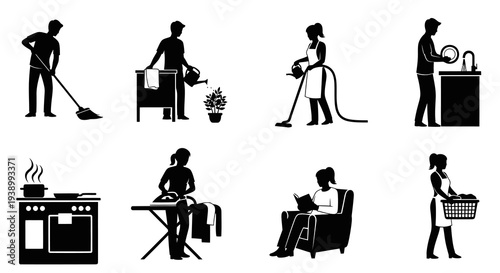 Black and White Silhouette Icons of People Doing Household Chores and Home Activities