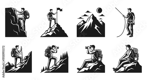 Adventure Mountaineering Black  White Glyph Icons Set for Hiking and Climbing