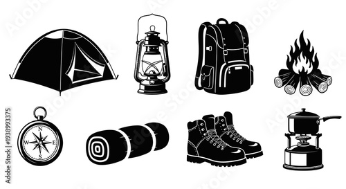 Camping  Hiking Outdoor Gear Glyph Icons Set - Black and White Solid Equipment Collection