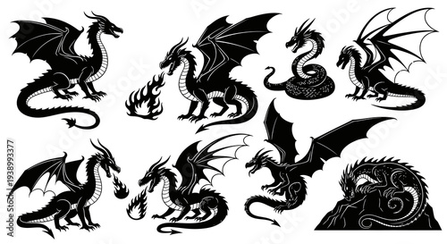 Mythology and Fantasy Dragons Black and White Glyph Illustration Set