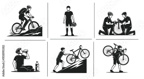 Black and White Vector Line Art Set of Cyclists and Mountain Biking Sports