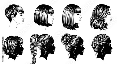 Beauty Hairdressing Women's Hairstyles and Haircuts Black  White Vector Line Art