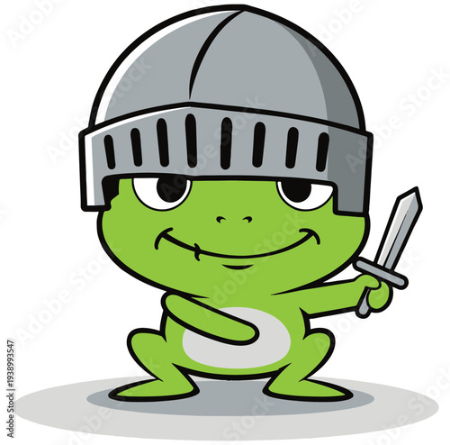 A tiny frog pretending to be a brave knight. The humorous contrast between the small frog and the heroic pose creates a charming fantasy themed character.