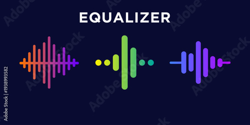 Modern equalizer waveform illustration with colorful audio bars on dark background, ideal for music apps, sound visualization, streaming platforms, and audio technology design