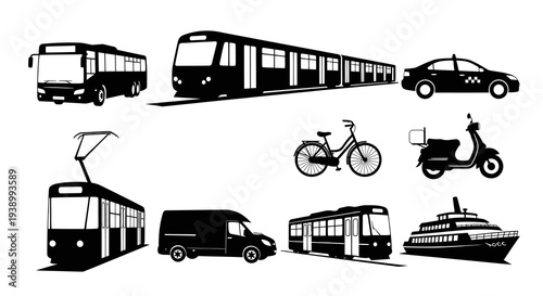 Transportation Vehicles Black Silhouette Icons Set: Public Transit, Cargo  Personal Modes