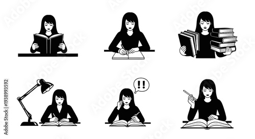 Black  White Line Art Icon Set: Student Woman Education and Books