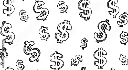 Black and White Line Art Dollar Signs Pattern, Finance and Money Concept