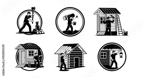 Black  White Line Art Icons: Logging, Lumberjack  Cabin Life Vector Illustrations