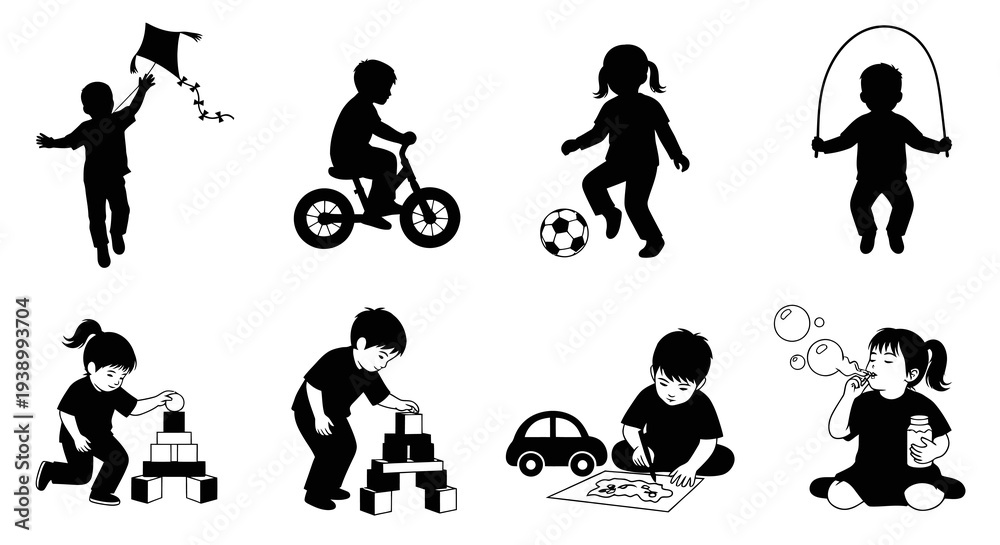 Obraz premium Children Play Activities Silhouette Icons Set - Childhood Games Kids Playtime Glyphs