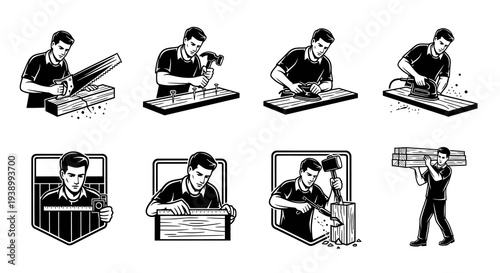 Black  White Line Art Carpenter Woodworking Craftsmanship Icons and Tools Set