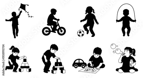 Children Play Activities Silhouette Icons Set - Childhood Games  Kids Playtime Glyphs