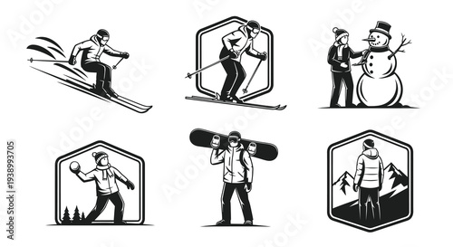 Winter Sports  Activities Vector Art - Skiing, Snowboarding, Snowmen, Mountain Emblems