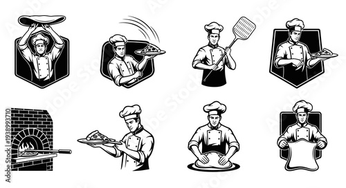 Food Industry Black  White Pizza Chef  Pizzeria Elements Vector Art Set