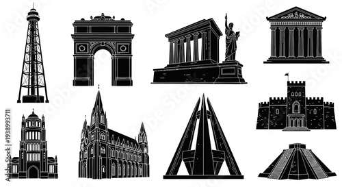 World Landmarks Silhouette Vector Art - Famous Architecture Buildings Collection