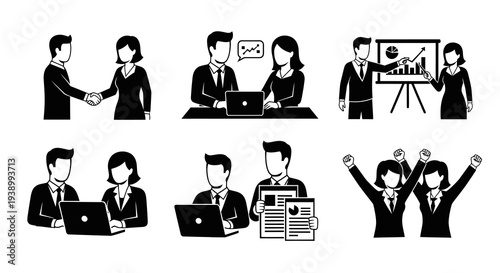 Black and White Glyph Icon Set of Business Professionals in Various Corporate Scenarios