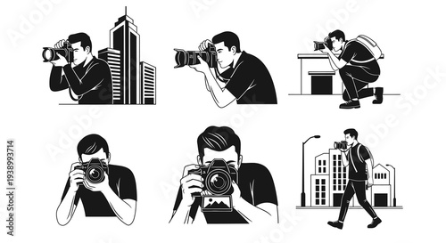 Photography Industry: Black  White Vector Illustrative Set of Photographers with Cameras