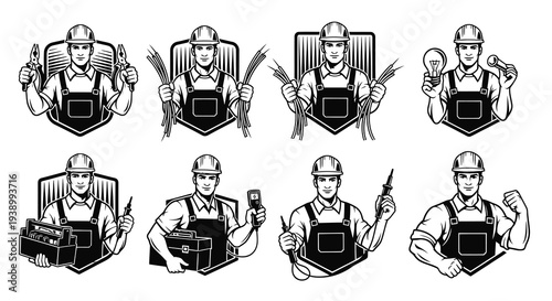 Retro Electrician Worker Badges Set - Black  White Line Art Icons Illustration