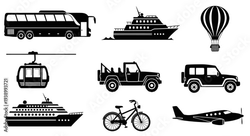 Transportation Industry Black and White Silhouettes: Vehicles, Travel Icons Set