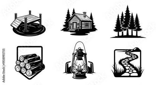 Monochrome Vector Camping  Outdoor Elements Illustrations Set with Cabin, Dock, Lantern
