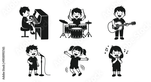 Music Education Glyphs: Happy Children Playing Instruments  Singing Vector Set