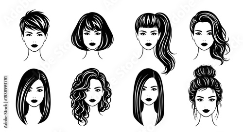 Beauty Industry Black  White Line Art: Set of 8 Female Hairstyles  Haircuts Icons