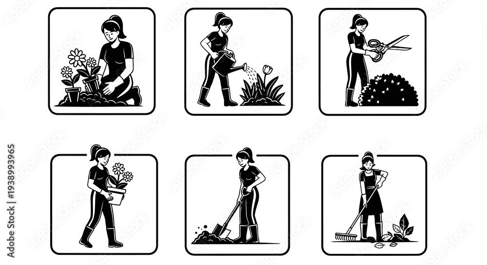 Obraz premium Gardening Woman Line Art Glyphs: Gardener with Tools, Plants Flowers Icon Set