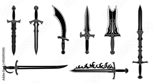 Fantasy Medieval Weapons Black and White Glyph Vector Art: Swords and Daggers Collection