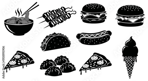 Fast Food and Snack Black  White Vector Glyph Icons Set for Restaurant Menu