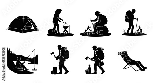 Outdoor Camping  Hiking Silhouettes - Adventure People  Gear Glyph Icons