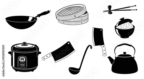 Asian Food  Cooking Kitchen Utensils Black  White Glyph Icons Set