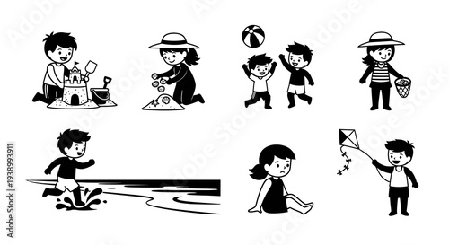 Childhood Summer Beach Fun Activities Black and White Line Art