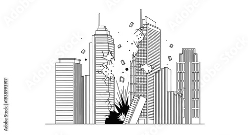 Black  White Line Art: Urban Skyscrapers Destruction - City Demolition  Disaster