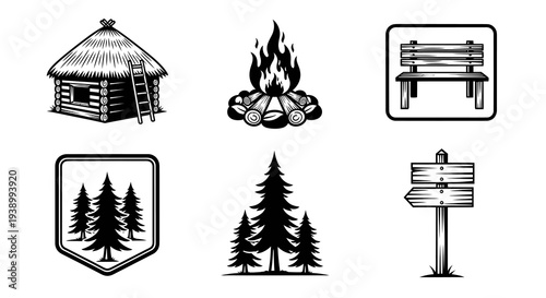 Monochrome Outdoor  Camping Icons Set - Cabin, Campfire, Bench, Trees, Signpost