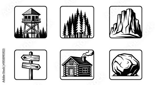 Outdoor Adventure  Nature Monochrome Line Art Icons Set