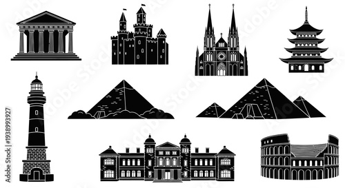 Iconic World Landmarks and Famous Buildings Silhouette Glyphs for Travel  Tourism