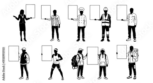 Diverse People Holding Blank Signs - Black and White Silhouette Vector Set