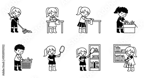 Black  White Line Art: Kids Doing Household Chores and Cleaning Activities