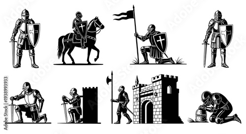 Monochrome Vector Art Set of Medieval Knights for History and Military Themes