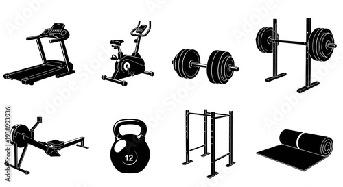 Fitness Gym Equipment Icons Set - Black and White Solid Glyphs