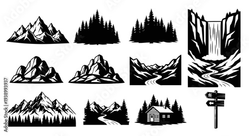 Black White Vector Nature Landscape Elements  Outdoor Adventure Icons Set