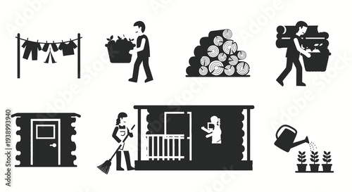 Rural Life Black  White Glyph Icons Set: Homestead Chores, Gardening, Wood  Daily Tasks