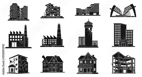 Disaster and Building Glyphs - Black  White Architecture, Ruined  Intact Structures